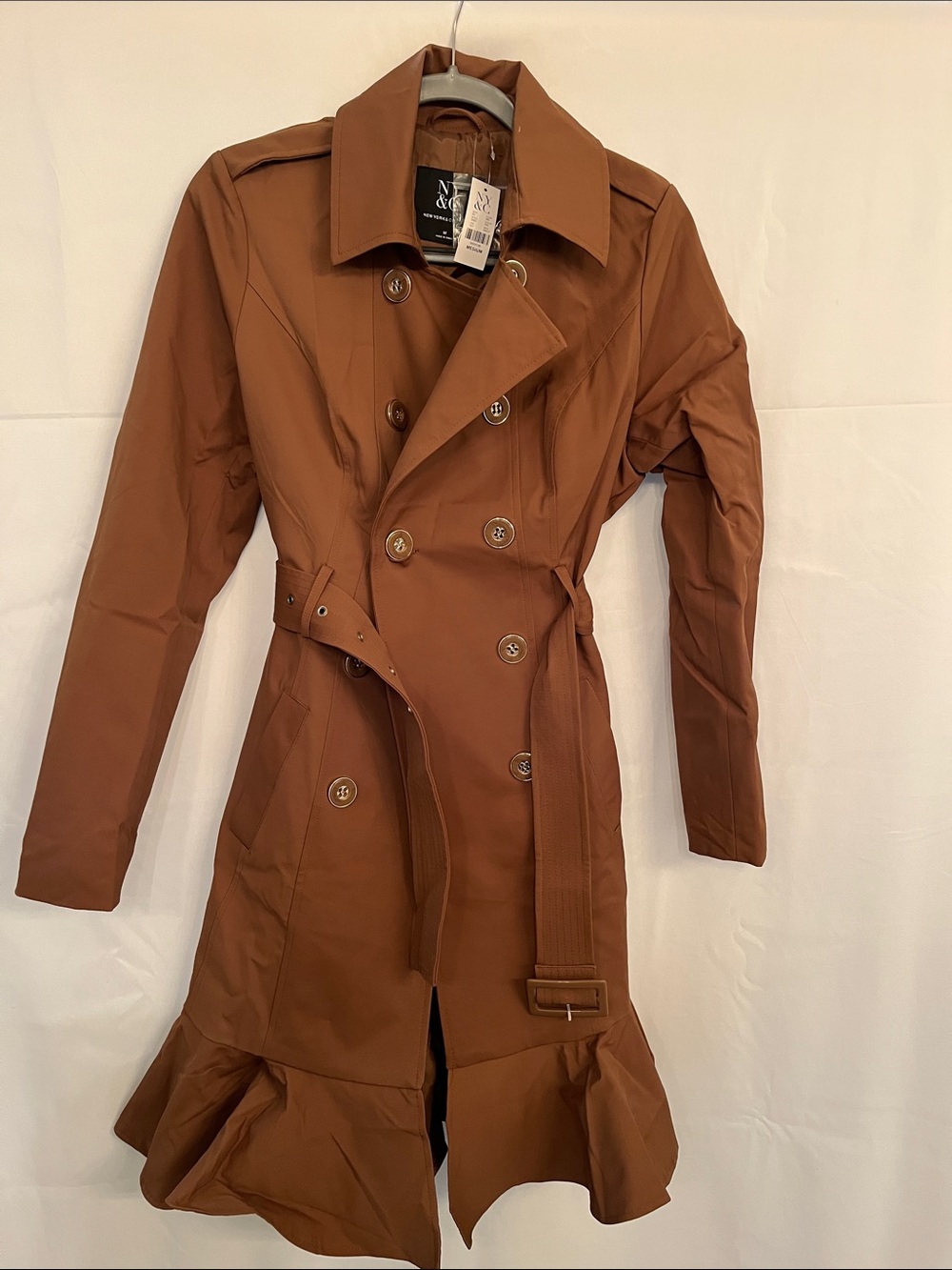 Brown Ruffle-Hem Double-Breasted Trench Coat